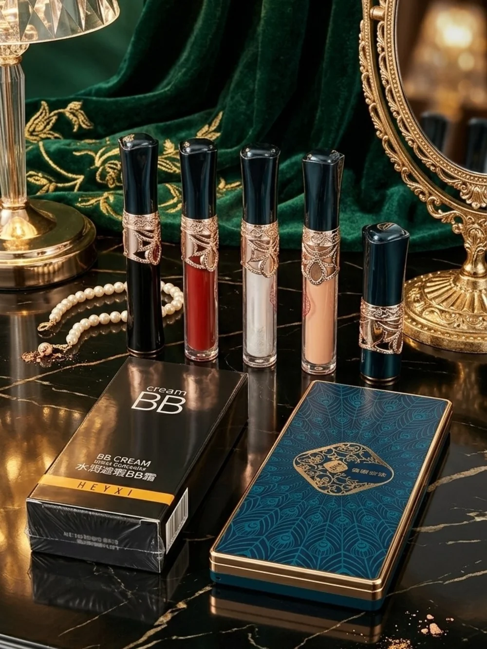 Luxury Teal and Gold NIB 7-Piece Makeup Set: Peacock Eyeshadow, BB Cream